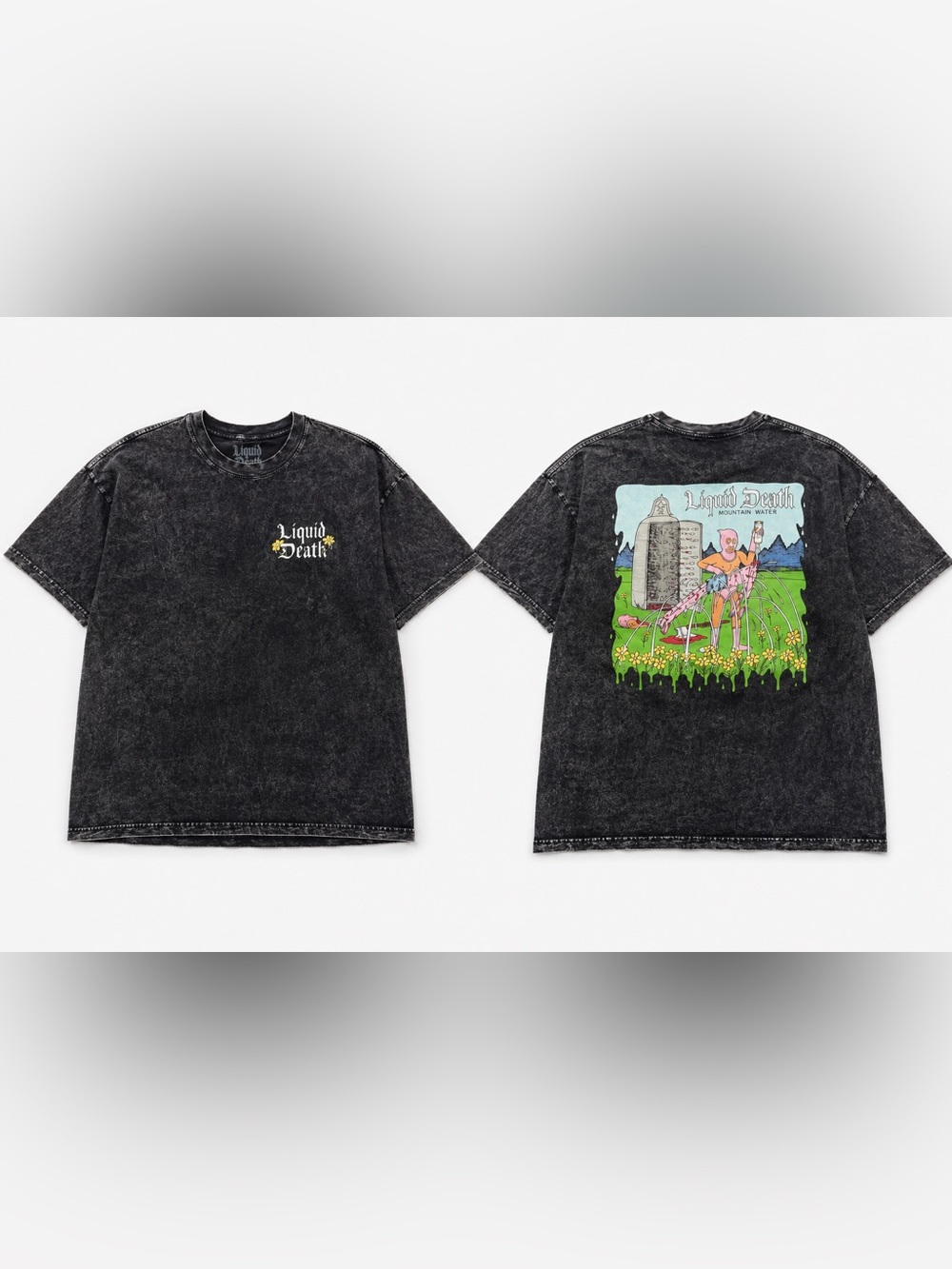 Liquid Death Mountain Water Graphic T-Shirt XL Black Mineral Wash Flowers